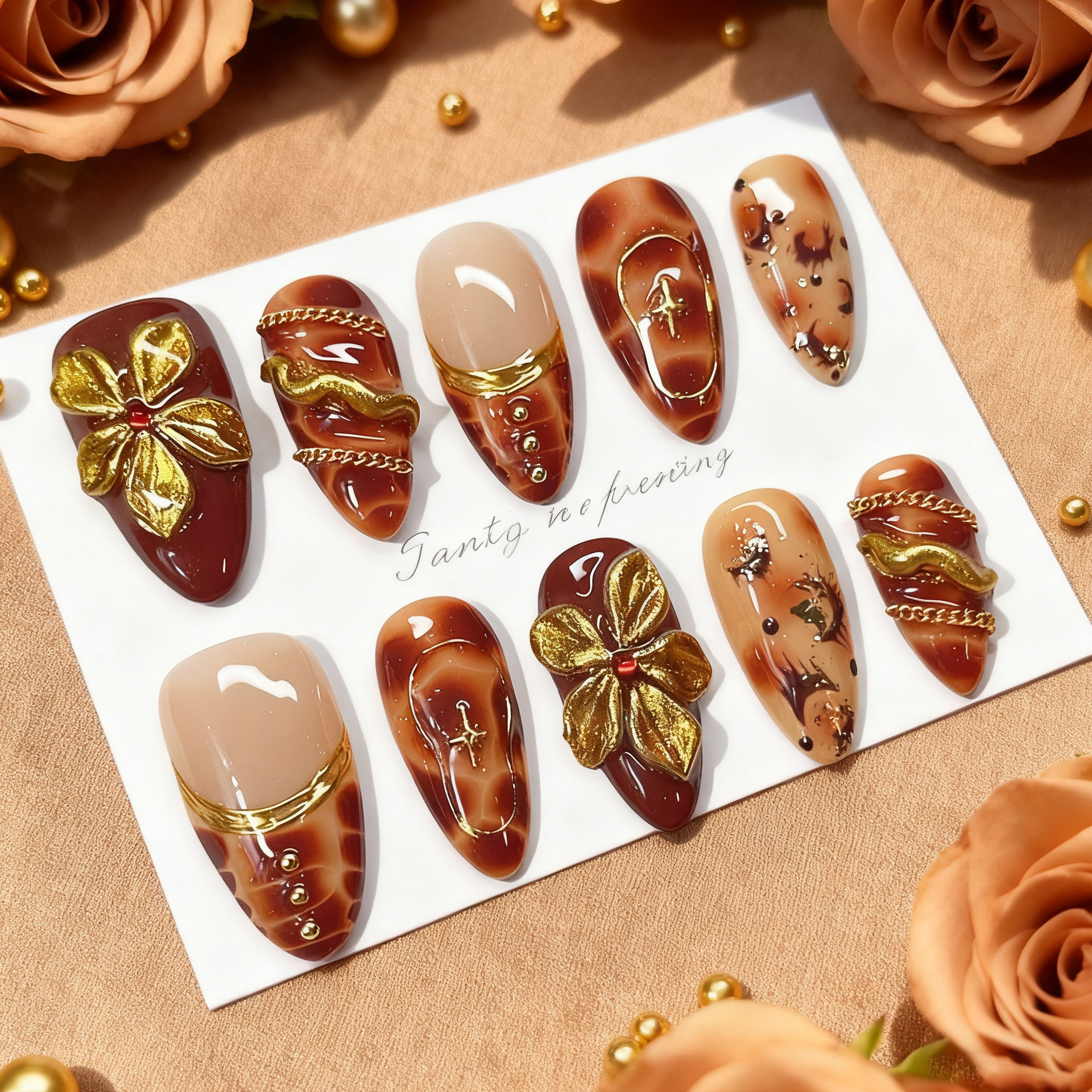 24pcs Flower False Nails Brown - Pressed Flower Art recensie en prijs